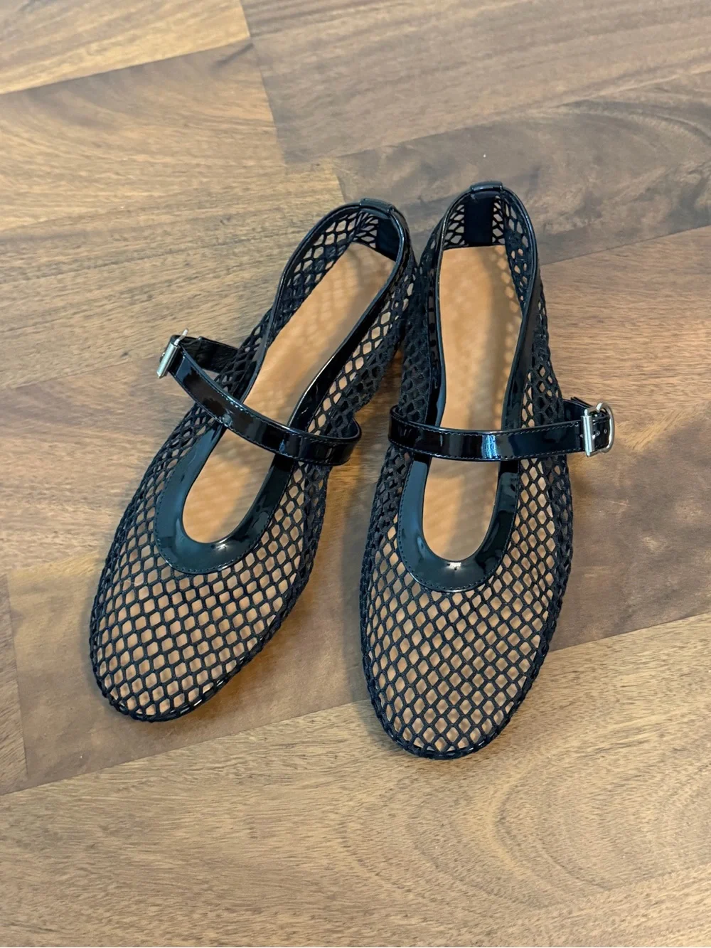Women’s Black Mesh Mary Jane Flats with Patent Strap